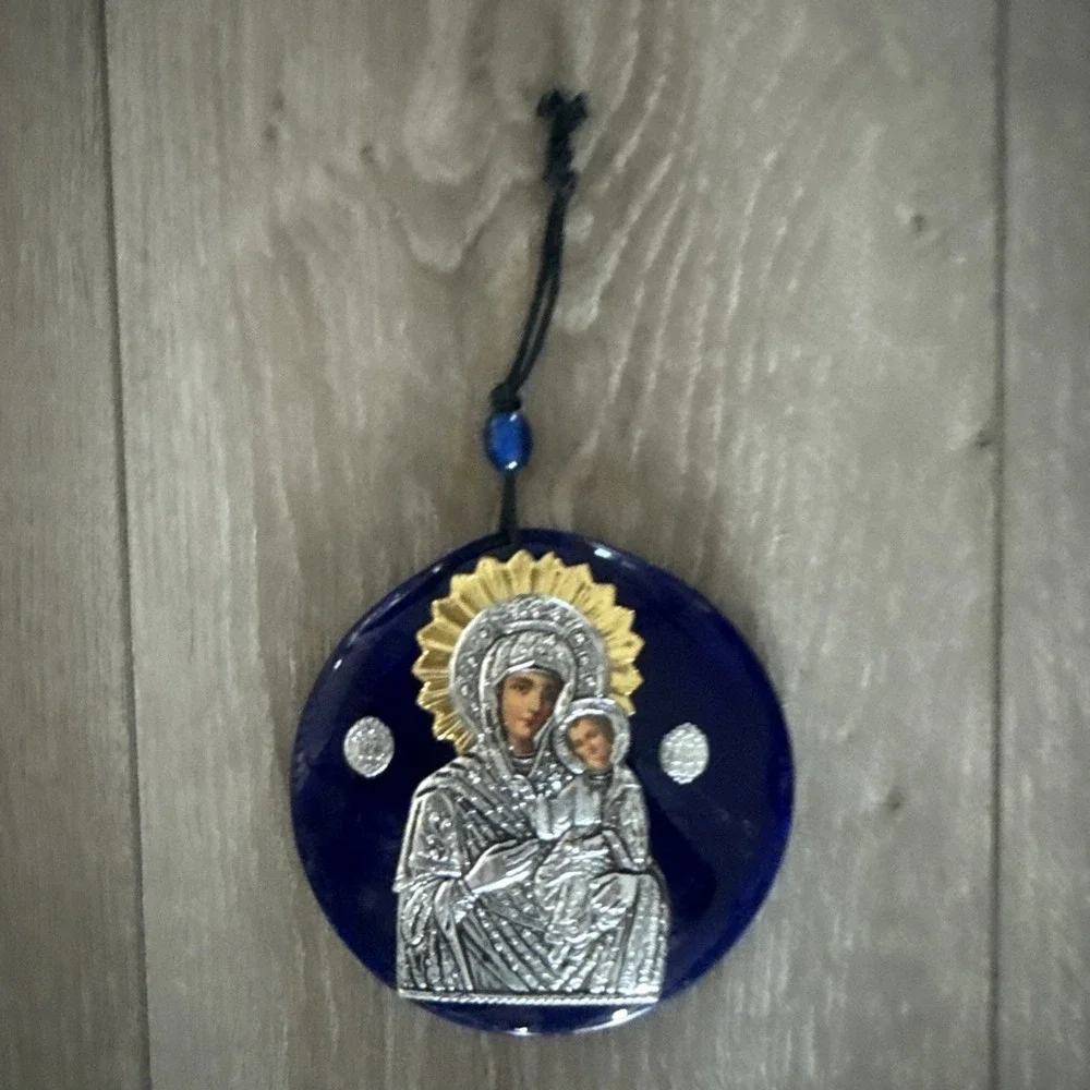 Blue glass silver tone Mother of God Mary and Jesus Christ Icon wall hanger 4.5
